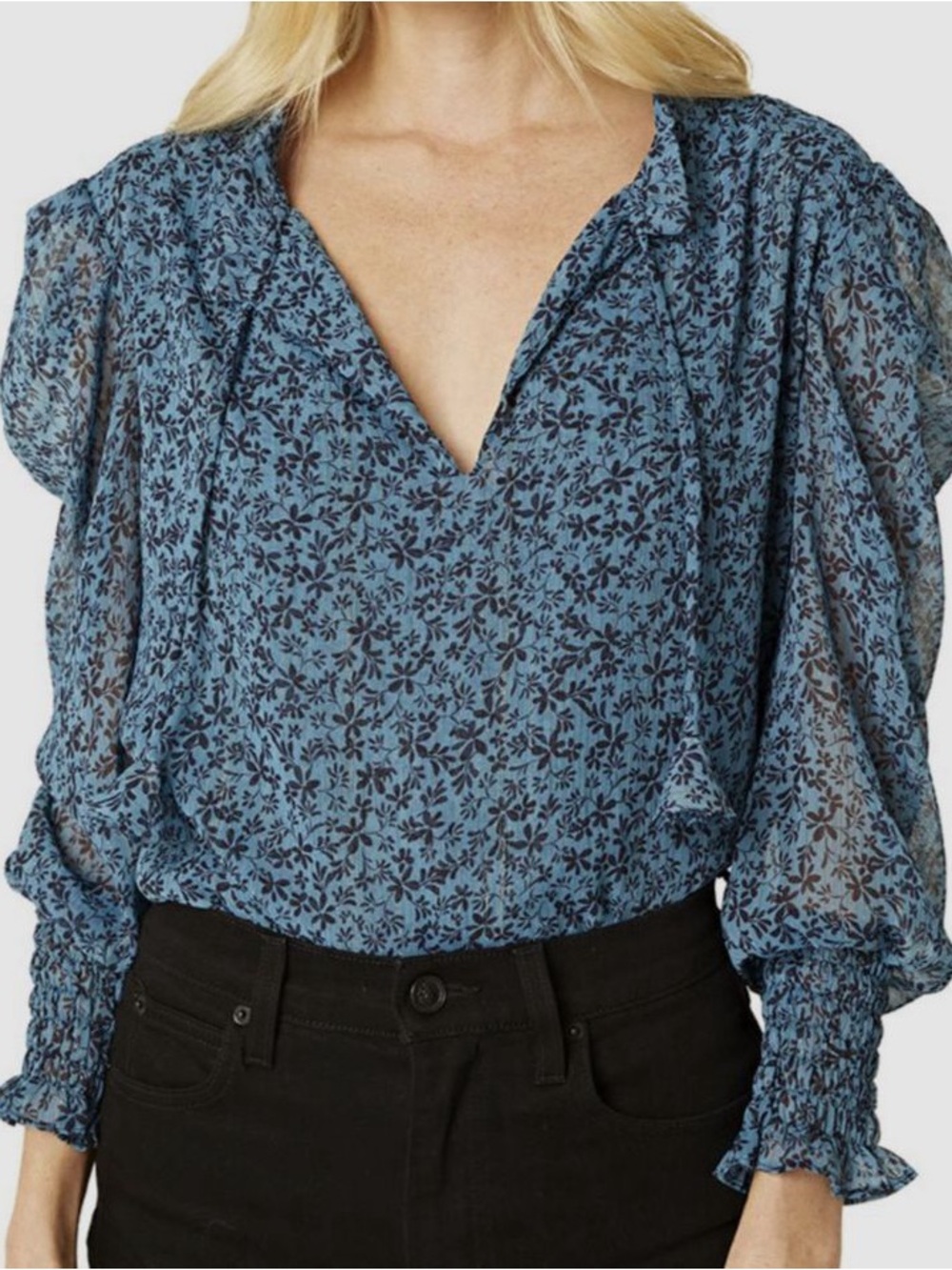 Misa Los Angeles Blue Floral V-Neck Puff Sleeve Blouse